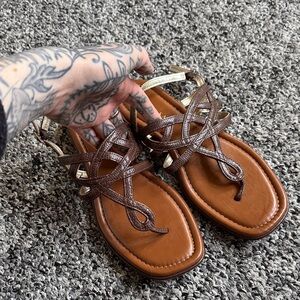 Kelly & Katie Brown Strappy Leather Sandals with Tan Footbed